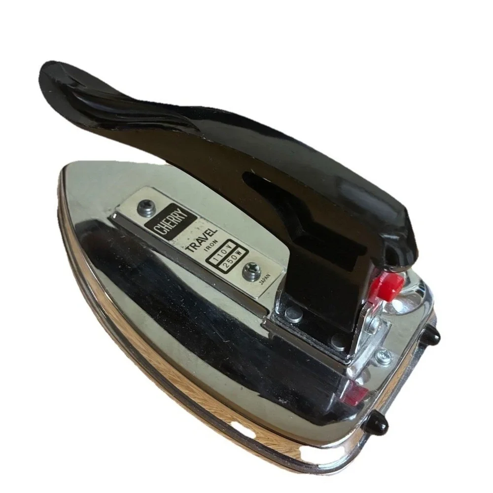 Vintage Cherry Travel Iron With Folding Handle Silver 7x5